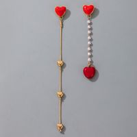 Korea Sweet Peach Heart Pearl Tassel Asymmetric Earrings sku image 1