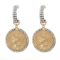 Fashion Round Coin Embossed Portrait Diamond-studded Earrings main image 2