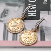 Fashion Round Coin Embossed Portrait Diamond-studded Earrings main image 5