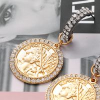 Fashion Round Coin Embossed Portrait Diamond-studded Earrings main image 4