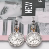 Fashion Round Coin Embossed Portrait Diamond-studded Earrings main image 3