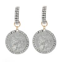 Fashion Round Coin Embossed Portrait Diamond-studded Earrings sku image 2