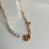 Korean Stainless Steel Thick Chain Pearl Short Necklace main image 3