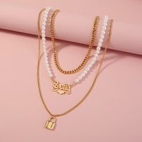 Fashion Smooth Lock-shaped Pearl Letter Multi-layer Necklace main image 2