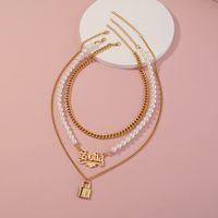 Fashion Smooth Lock-shaped Pearl Letter Multi-layer Necklace main image 3
