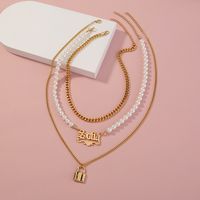 Fashion Smooth Lock-shaped Pearl Letter Multi-layer Necklace main image 4