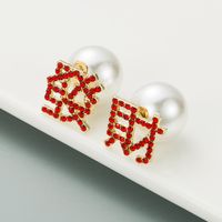 Chinese Characters Fortune Pearl Diamond Earrings main image 3