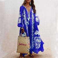 Women's Boho Dress Fashion V Neck Long Sleeve Flower Midi Dress Home Travel Beach main image 3
