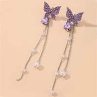Korean Rhinestone Butterfly Pearl Tassel Earrings main image 1