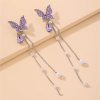 Korean Rhinestone Butterfly Pearl Tassel Earrings sku image 1
