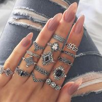 Bohemian Retro Flower Ring 11 Piece Set Hollow Carved Black Gem Joint Ring New Wholesale Nihaojewelry sku image 2