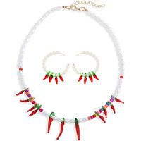 Za Same Design Necklace Set Earrings Elegant Pearl Necklace Red Colored Glaze Pepper Pendant Ornaments sku image 3