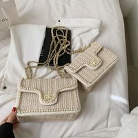 Fashion Straw Woven Pearl Chain Shoulder Messenger Small Square Bag main image 6