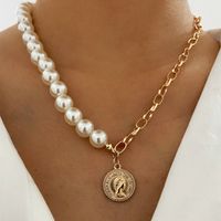 52098 Europe And America Cross Border New Pearl Necklace Creative Simple Vintage Pearl Coin Head Pendant Necklace sku image 1