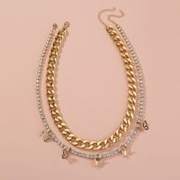 Fashion Thick Chain Rhinestone Butterfly Tassel Double Layer Necklace main image 2