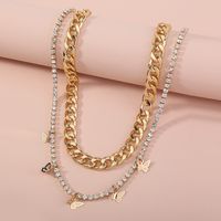 Fashion Thick Chain Rhinestone Butterfly Tassel Double Layer Necklace main image 3