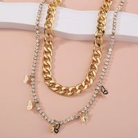 Fashion Thick Chain Rhinestone Butterfly Tassel Double Layer Necklace main image 4