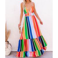 New Fashion Rainbow Stripe Printing Lace Long Dress main image 5