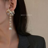 Fashion Bowknot Pearl Long Tassel Earrings main image 3