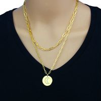 Fashion Round Moon Tag Double Layer Copper Necklace main image 3