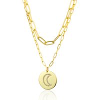 Fashion Round Moon Tag Double Layer Copper Necklace main image 6