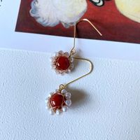 Korean Pearl Agate Stone Woven Flower Earrings main image 5