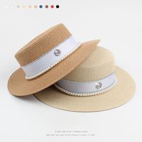 Sombrero De Paja De Ala Ancha Con Parte Superior Plana Y Letra M De Perlas De Moda main image 1