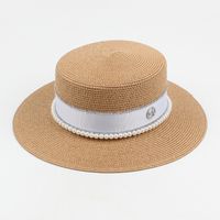 Sombrero De Paja De Ala Ancha Con Parte Superior Plana Y Letra M De Perlas De Moda sku image 5