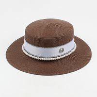 Sombrero De Paja De Ala Ancha Con Parte Superior Plana Y Letra M De Perlas De Moda sku image 10