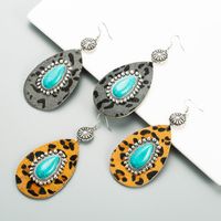 Boucles D'oreilles Léopard En Cuir En Forme De Goutte Exagérées En Alliage De Boucles D'oreilles Longues En Argent Antique Incrustées De Turquoise main image 3