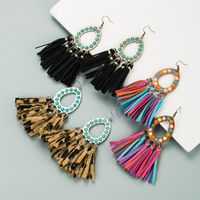 Creative New Exaggerated Leather Leopard Print Tassel Earrings main image 3