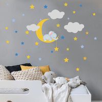 Dessin Animé Bébé Éléphant Lune Nuages Étoiles Stickers Muraux Chambre D&#39;enfant main image 3