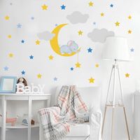 Dessin Animé Bébé Éléphant Lune Nuages Étoiles Stickers Muraux Chambre D&#39;enfant main image 4