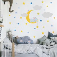 Dessin Animé Bébé Éléphant Lune Nuages Étoiles Stickers Muraux Chambre D&#39;enfant main image 5