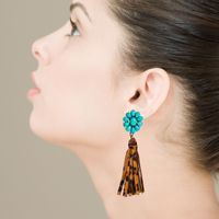 Pendientes Largos Con Borla De Cuero Con Estampado De Leopardo, Pendientes Bohemios De Turquesa Con Flores Exageradas main image 8