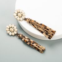 Pendientes Largos Con Borla De Cuero Con Estampado De Leopardo, Pendientes Bohemios De Turquesa Con Flores Exageradas main image 4