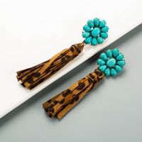 Pendientes Largos Con Borla De Cuero Con Estampado De Leopardo, Pendientes Bohemios De Turquesa Con Flores Exageradas main image 3