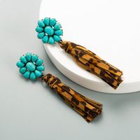 Pendientes Largos Con Borla De Cuero Con Estampado De Leopardo, Pendientes Bohemios De Turquesa Con Flores Exageradas sku image 1