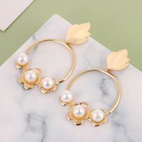 Fashion Alloy Inlaid Pearl Leaf Round Earring main image 3