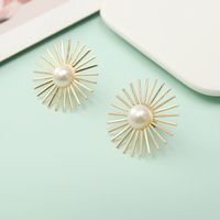 Fashion Inlaid Pearl Round Flower Hollow Metal Earrings Wholesale main image 2