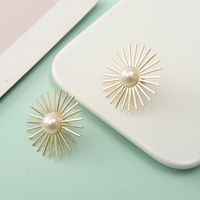 Fashion Inlaid Pearl Round Flower Hollow Metal Earrings Wholesale main image 3