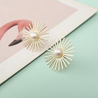 Fashion Inlaid Pearl Round Flower Hollow Metal Earrings Wholesale main image 5