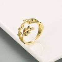 Korean Flowers Leaves Pure Copper Micro Inlaid Color Zircon Couple Ring main image 5