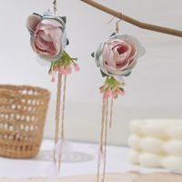 Korean Simple Long Tassel Fabric Flower Earrings main image 3