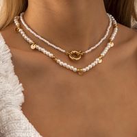 Vintage Style Geometric Round Letter Imitation Pearl Alloy Copper Plating Chain Women's Double Layer Necklaces sku image 2