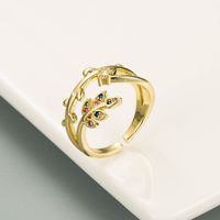 Korean Flowers Leaves Pure Copper Micro Inlaid Color Zircon Couple Ring sku image 2