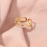 Simple Golden Leaf Copper Inlaid Zircon Ring main image 4