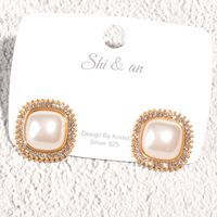 Korea Square Pearl Diamond Earrings Wholesale main image 1
