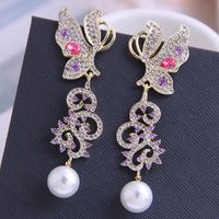 Fashion Metal Diamond Butterfly Pearl Earrings sku image 1