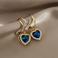 Fashion Blue Crystal Heart-shape Double Layer Earrings Wholesale sku image 1